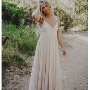 BHLDN Sadia Floral Embroidered Maxi Dress Oyster {Y7}